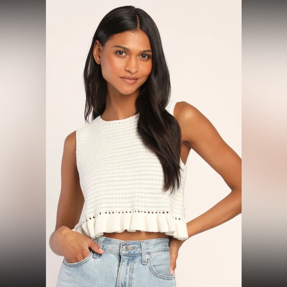 Lulu's Cream Ribbed Ruffled Crop Tank Top